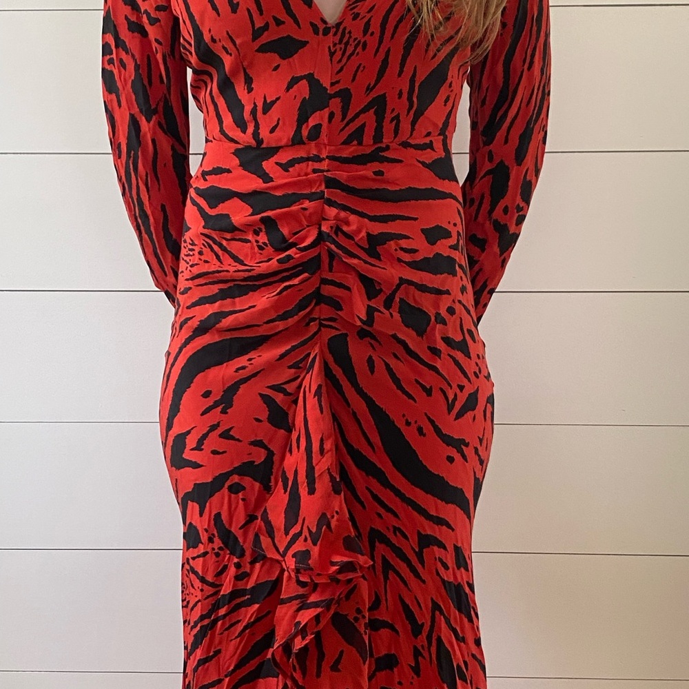 RIXO London Red and Black Ruched Bodycon Dress with Bishop Sleeves